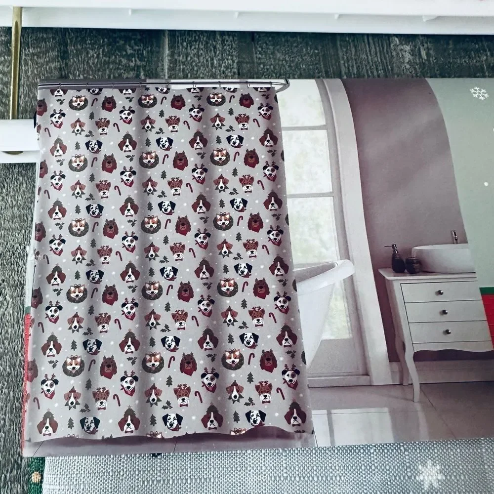 Christmas Dogs Holly Print Holiday Textured Fabric Shower Curtain